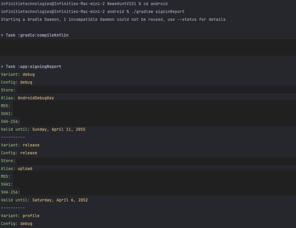 SHA keys output from terminal