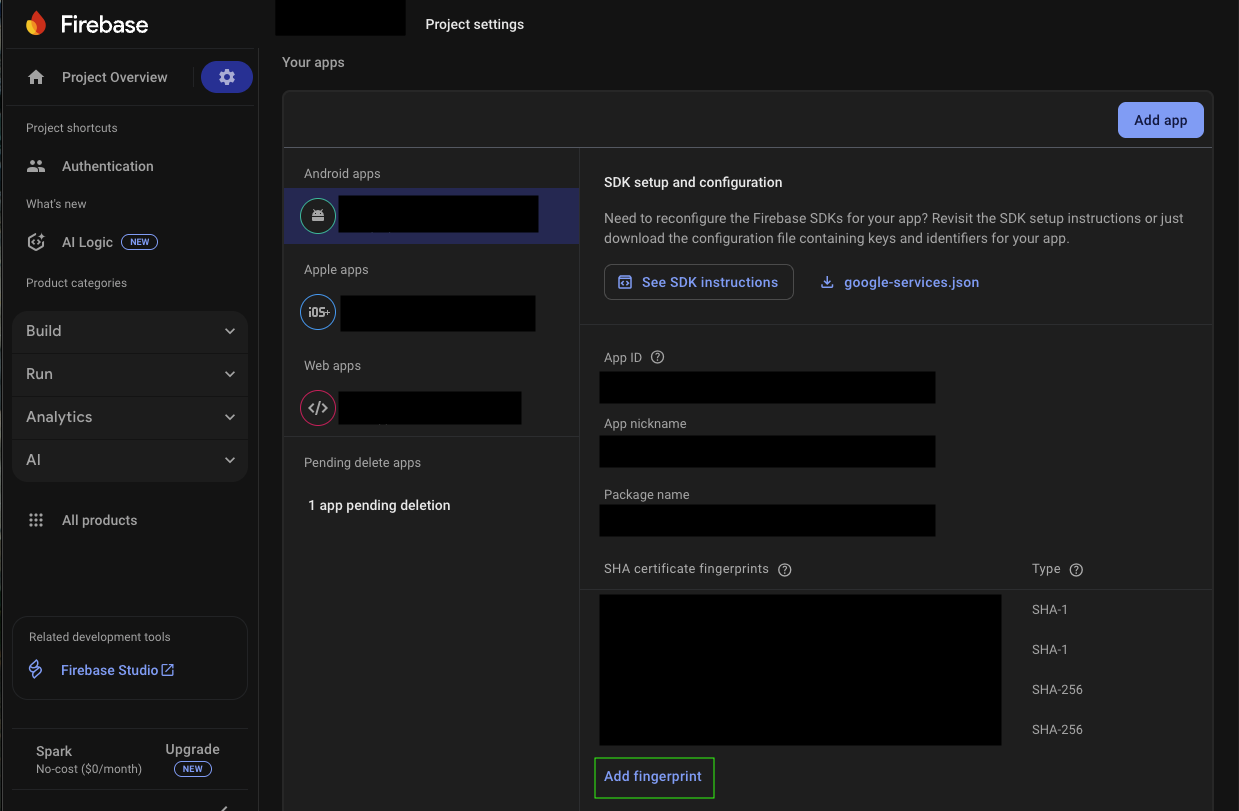 Add SHA keys to Firebase